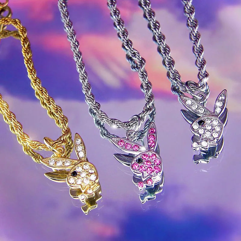 Hot Selling Stainless Steel Rope Chain Pink Crystal Rabbit Necklace Fashion Hiphop Necklace