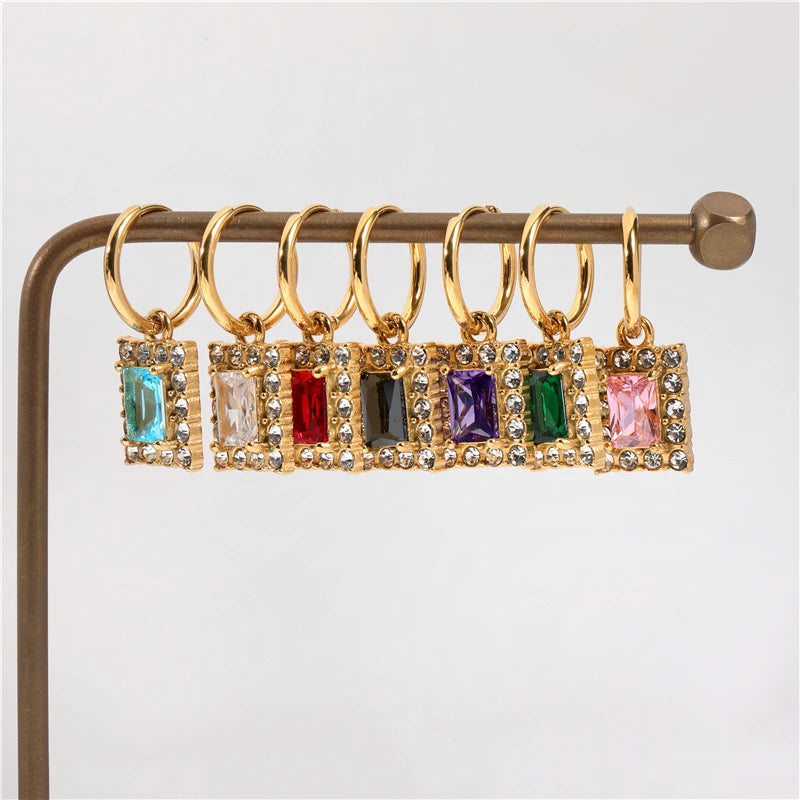 20220 Trendy Earring 18K PVD Gold Plated Luxury Zirconia Rectangle Hoop Earring Stainless Steel Trendy Jewelry