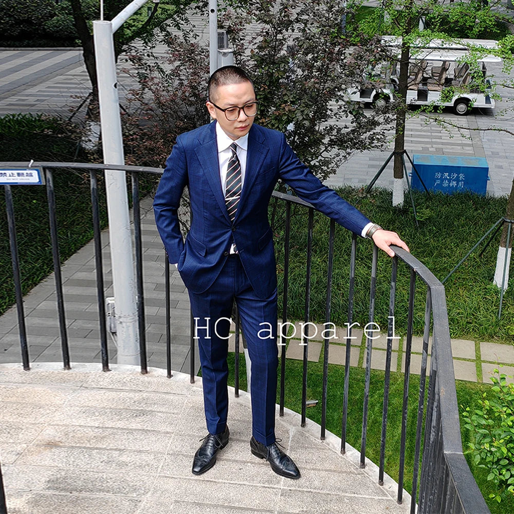 HARCHOY Bespoke Suit Wool Super Fabric Full Canvas Navy blue prince grid dark pattern High Quality Mens Business Suit Set Luxury