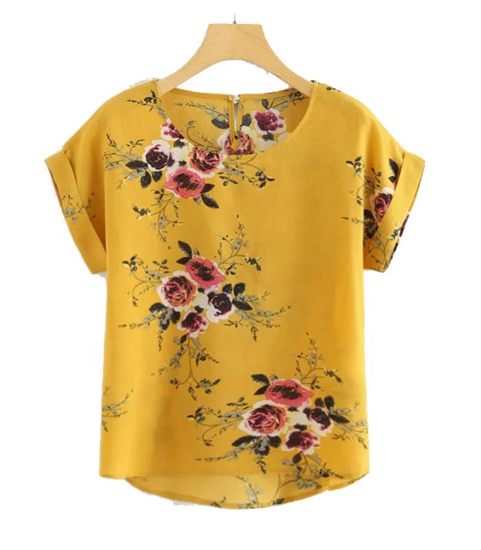 Summer Fashion Floral Print Blouse Pullover Ladies O-Neck Tee Tops Female Women's Short Sleeve Shirt Clothing