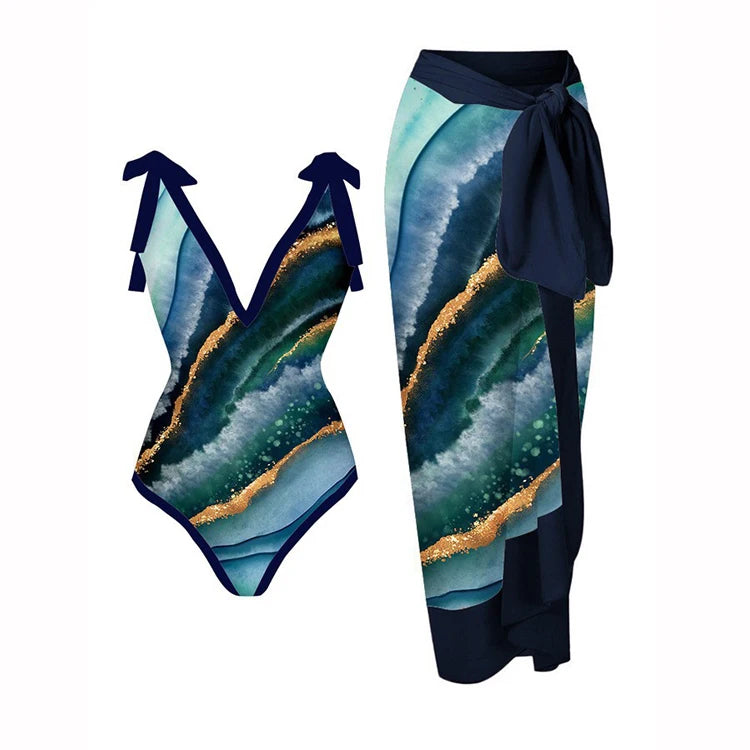 2023 New Vintage Summer Swimwear Printed Bikini Swimwear Set Women's Mesh Gauze Shirt Wholesale