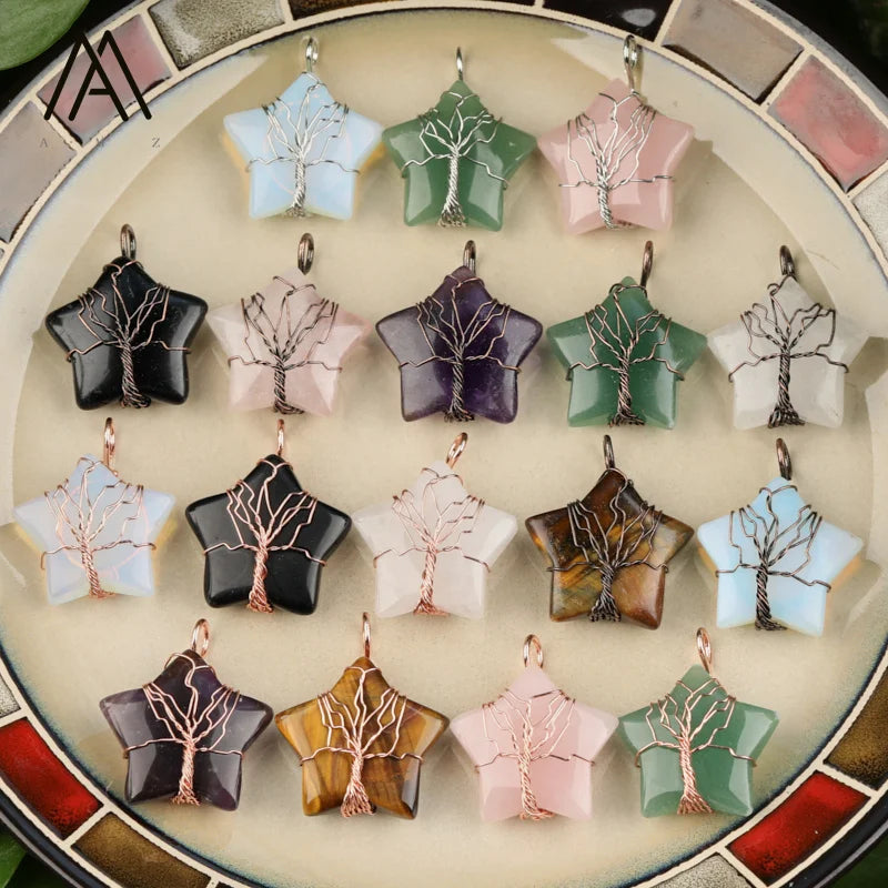 Crystal Star Pendant for Making Jewelry  Wire Wrapped Tree of Life Charm Healing Stone Charms Wholesale
