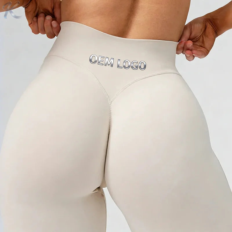 Custom Logo Women's High Waisted V-Back Butt Lift Athletic Yoga Leggings V-back Cutout Seamless Compression Workout Gym Pants