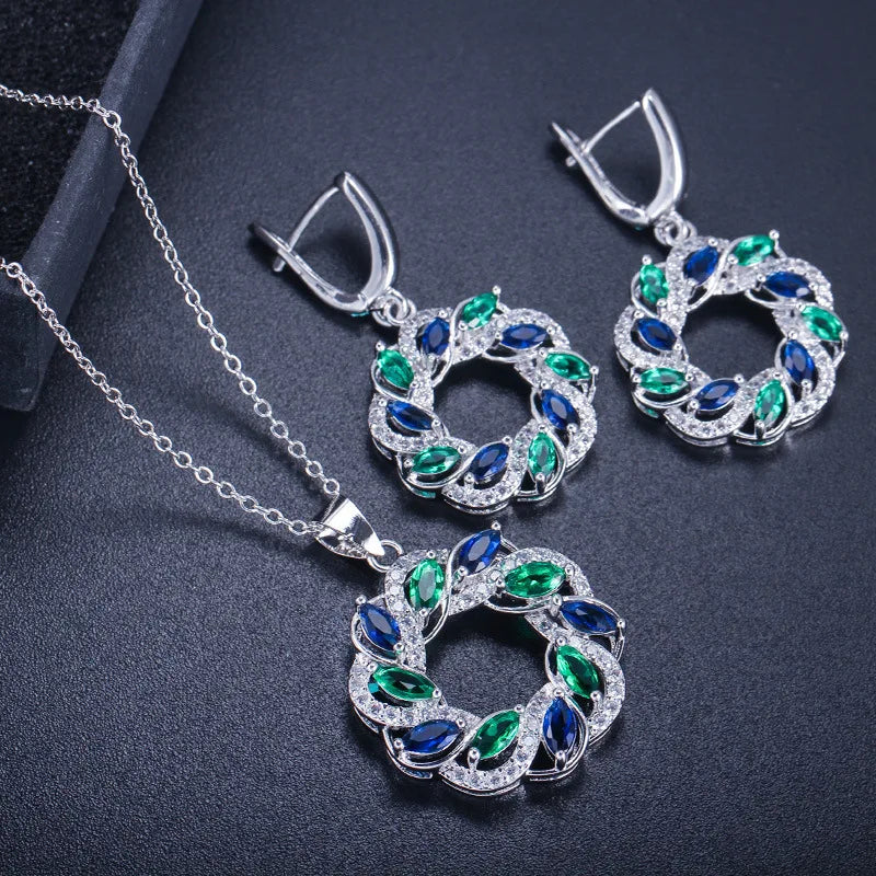 Wholesale Elegant Artificial Diamond Wedding Crystal Resistant Round Flower Multicolor Zircon Rhinestone Necklace Earrings Sets