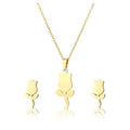 Fashion Stainless Steel Gold Color Plated Rose Flower Pendant Necklace and Earring Jewelry Set