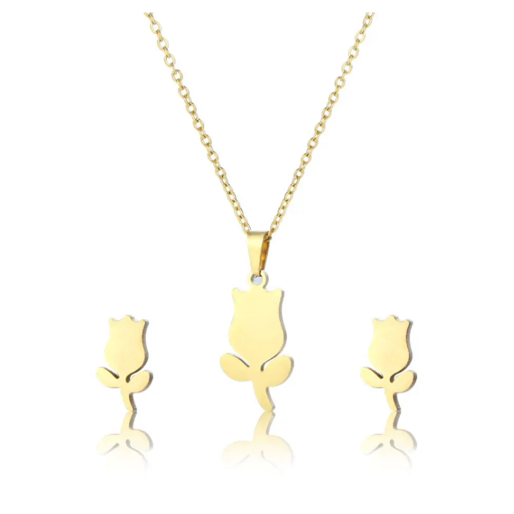 Fashion Stainless Steel Gold Color Plated Rose Flower Pendant Necklace and Earring Jewelry Set