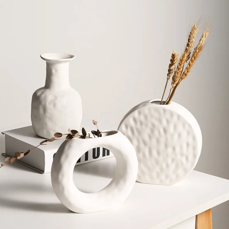 Modern Frosted Matte White Porcelain Art Vases Rustic Tabletop Home Decor Flower Vase Ceramic