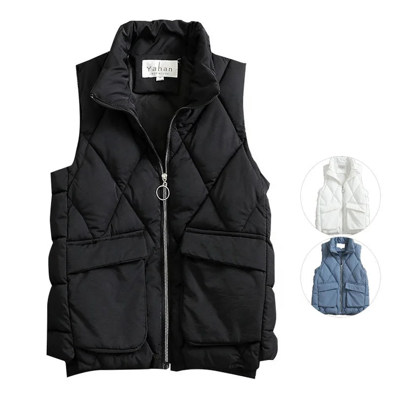 Wholesale Women's Short Casual Woolen Quilted Puffer Vest Black Solid Color Winter Diamond Lightweight Sleeveless Full Zipper