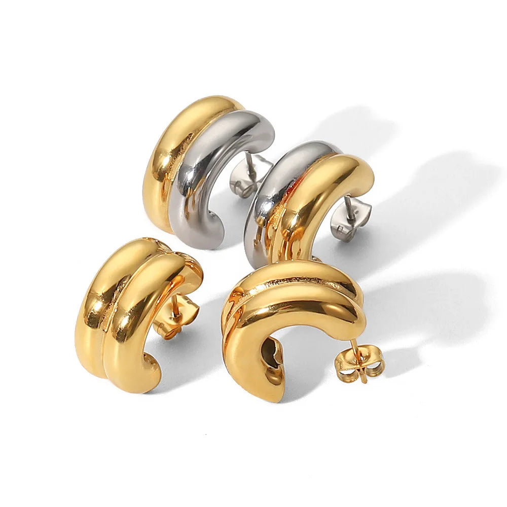 Stocks Stainless Steel Double Layer Earrings C-shaped Hollow Colorblock Geometric Earrings Women's Classic Fashion Jewelry