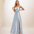Women's Split Bow Satin V-Neck Bridesmaid Dress Spaghetti Straps Wedding Guest Cocktail Party Evening Dresses