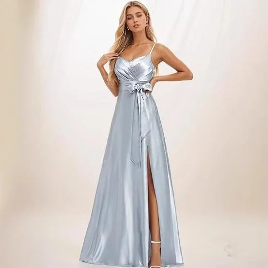 Women's Split Bow Satin V-Neck Bridesmaid Dress Spaghetti Straps Wedding Guest Cocktail Party Evening Dresses