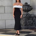 European and American Elegant Style Contrast Color Casual Off-the Shoulder Bodycon Dress New Style Slim Hip Dress