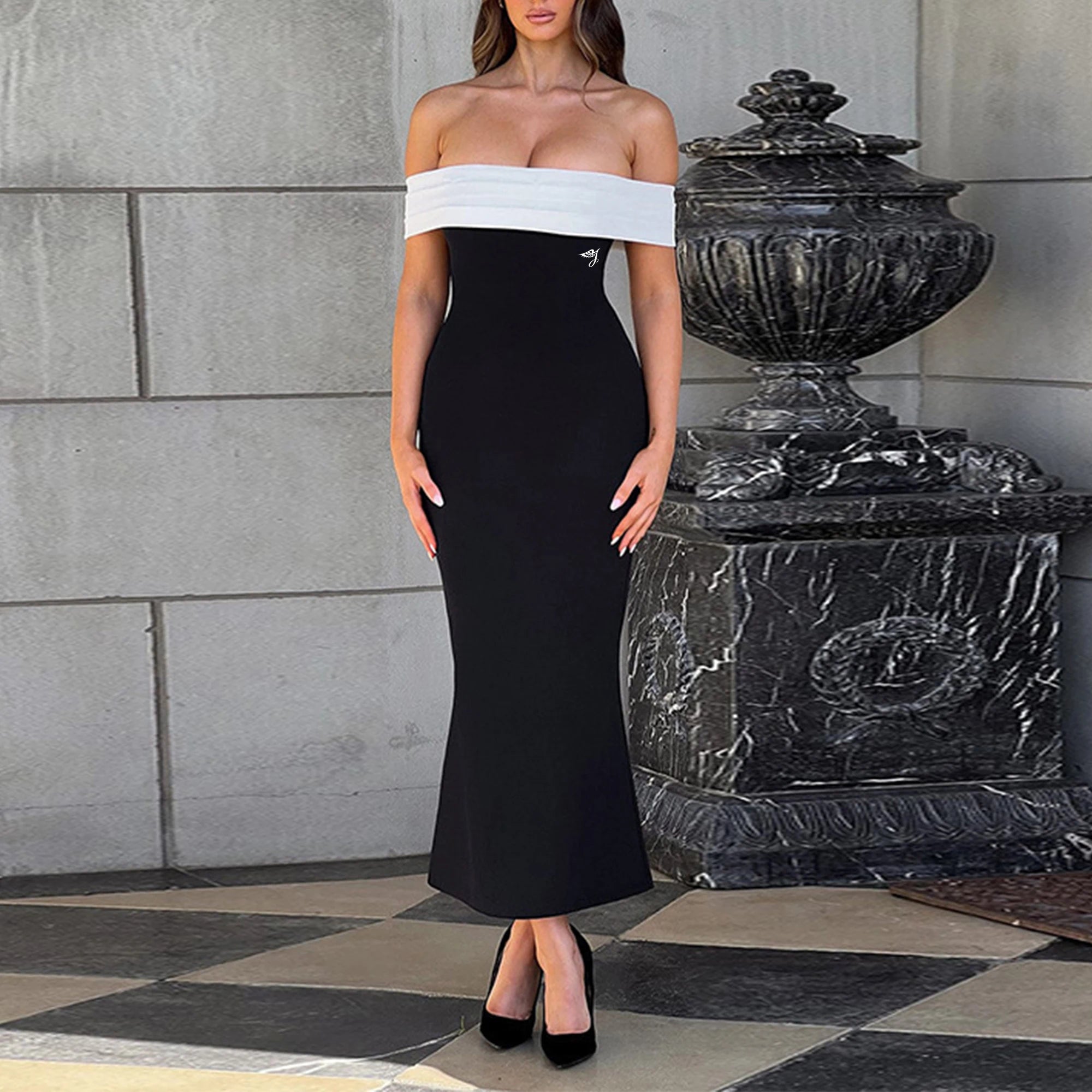 European and American Elegant Style Contrast Color Casual Off-the Shoulder Bodycon Dress New Style Slim Hip Dress