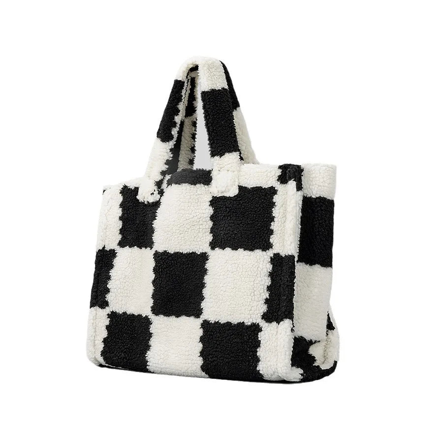 Winter Style Fur Black White Checkered Handbag Tote Bag Women Fluffy Leopard Large Capacity Ladies Single-Shoulder Handbag