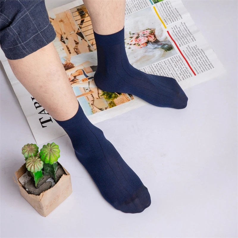 Good Quality Fashion Design Men's Summer Ice Silk Nylon Socks Breathable Short Tube Mercerized Cotton Striped Dress Stockings