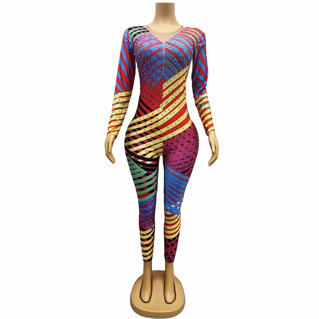 Fashion Stripe Print Spandex Bodysuit Night Club Stage Dancer Wear Bodycon Rompers Sexy Rhinestone Bodycon Jumpsuits for Women