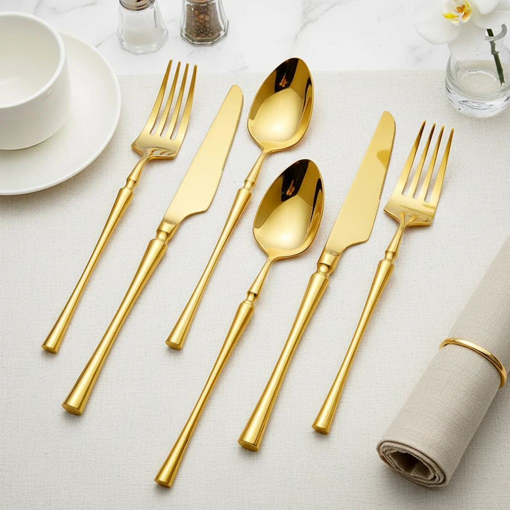 Amzn Hot Unique Stainless Steel Luxury Golden Plated Spoons Bulk Fork Spoon Cutlery Sets Flatware Wedding Gold Cutlery Set MegaBDM
