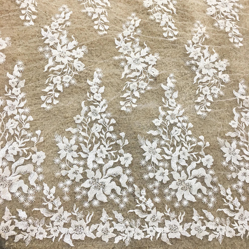 China Wholesale 3D Flower Embroidered Lace Fabric Luxury Mesh Crystal Hand Beaded Lace With Pearl