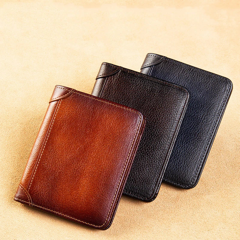 Genuine Leather Rfid Protection Wallets for Men Vintage Thin Short Multi Function ID Credit Card Holder Money Bag
