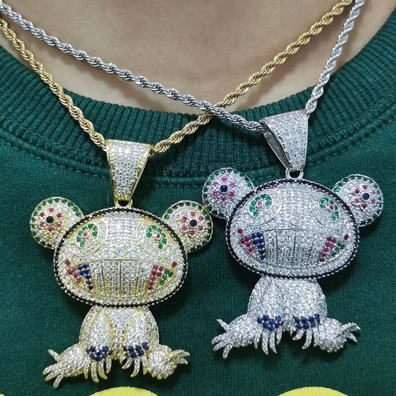 New Iced Out Animal Bear Pendant Necklace Tennis Chain Necklace Gold Color Cubic Zirconia Mens Women Hip Hop Jewelry Bling