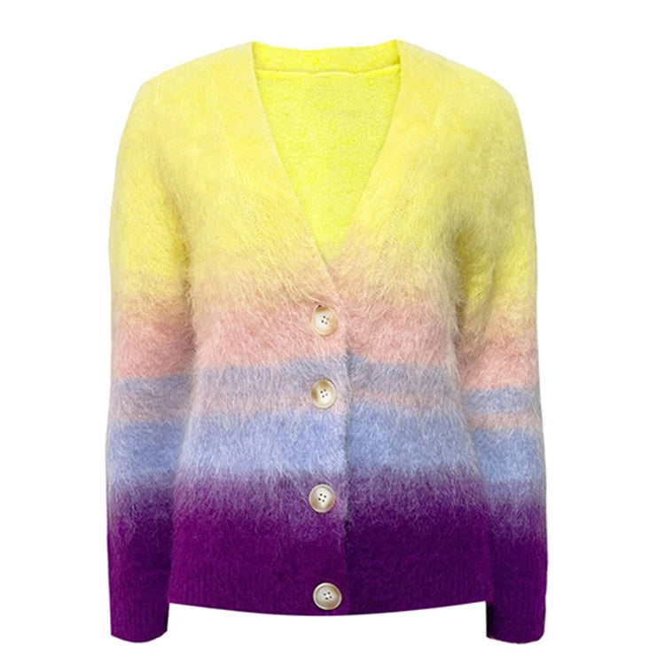 OEM Custom Make Rainbow Colors Knitted Cardigan Mink Hair Cashmere Long Sleeve V Neck Buttons Knitted Sweater Cardigan
