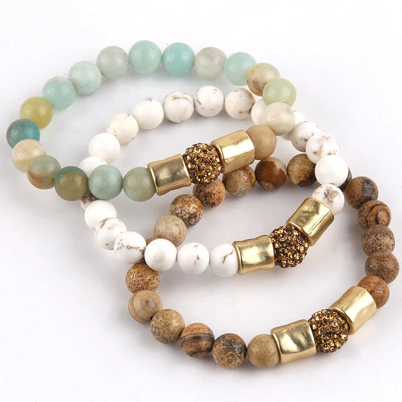 Bohemian Jewelry 8mm Amazonite Picture Jasper Natural Gemstone Stretch Bracelets Gold Rhinestone Pave Ball Bracelet