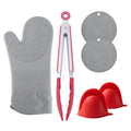 Heat Resisting Oven Gloves Insulated Pot Dish Holder Silicone + Cotton Gloves Oven Mitts Insulated Mats Food Tongs Set