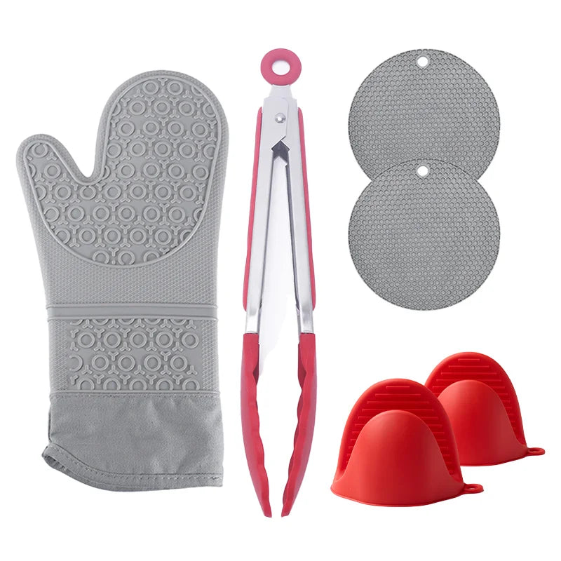 Heat Resisting Oven Gloves Insulated Pot Dish Holder Silicone + Cotton Gloves Oven Mitts Insulated Mats Food Tongs Set