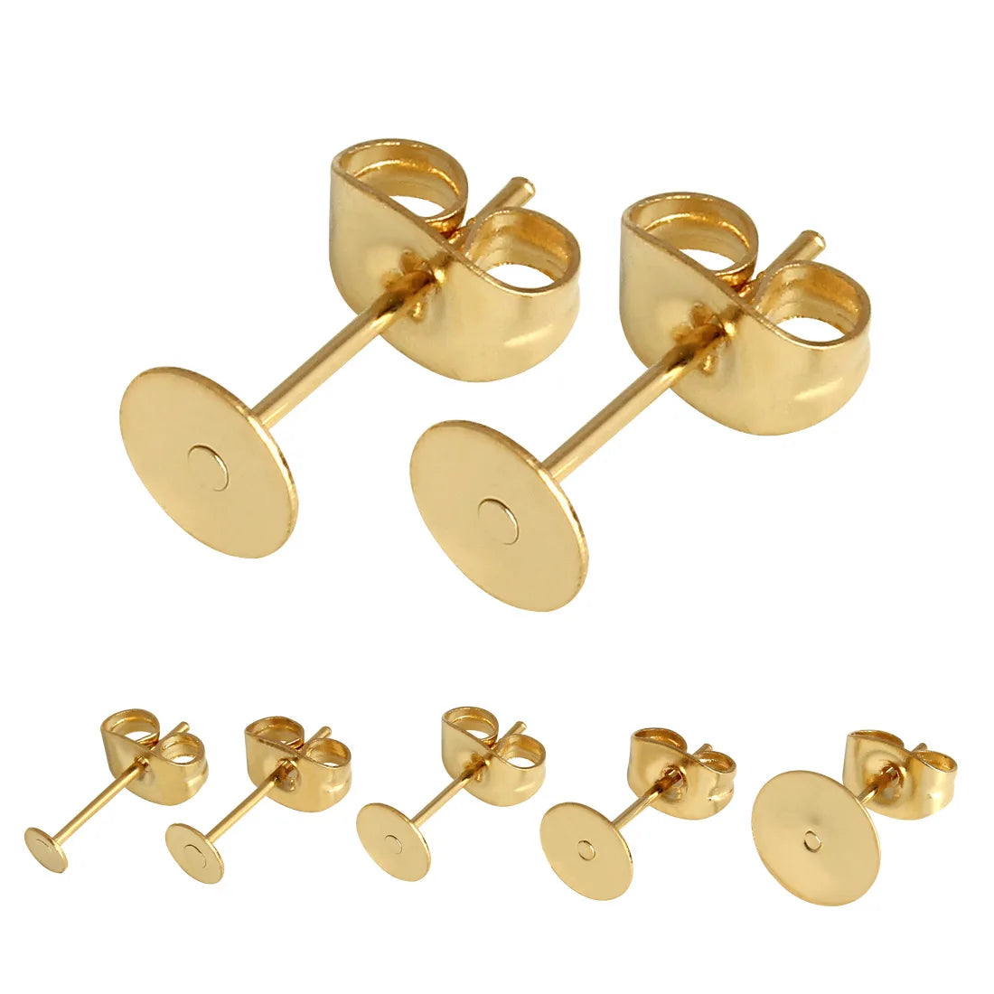Gold Color Stud Ear Nuts 3mm to 8mm Flat Pads Earring Posts Ear Studs Accessories Stainless Steel Earrings Pin Stud Findings