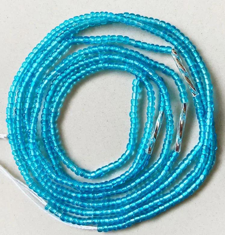 Blue Glass Seed Beads Silver Tube Bead Tie on Waist Beads Belly Body Chain With Clasp Double Cotton String for Ladies