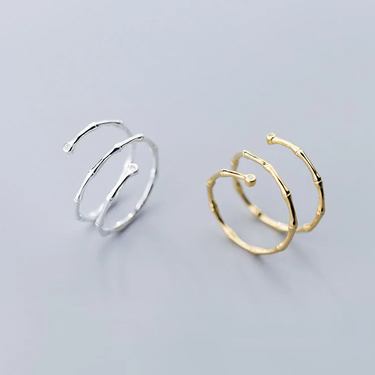 New Unique Design S925 Sterling Silver Thin Bamboo Pattern Resizable Rings for Women J5272