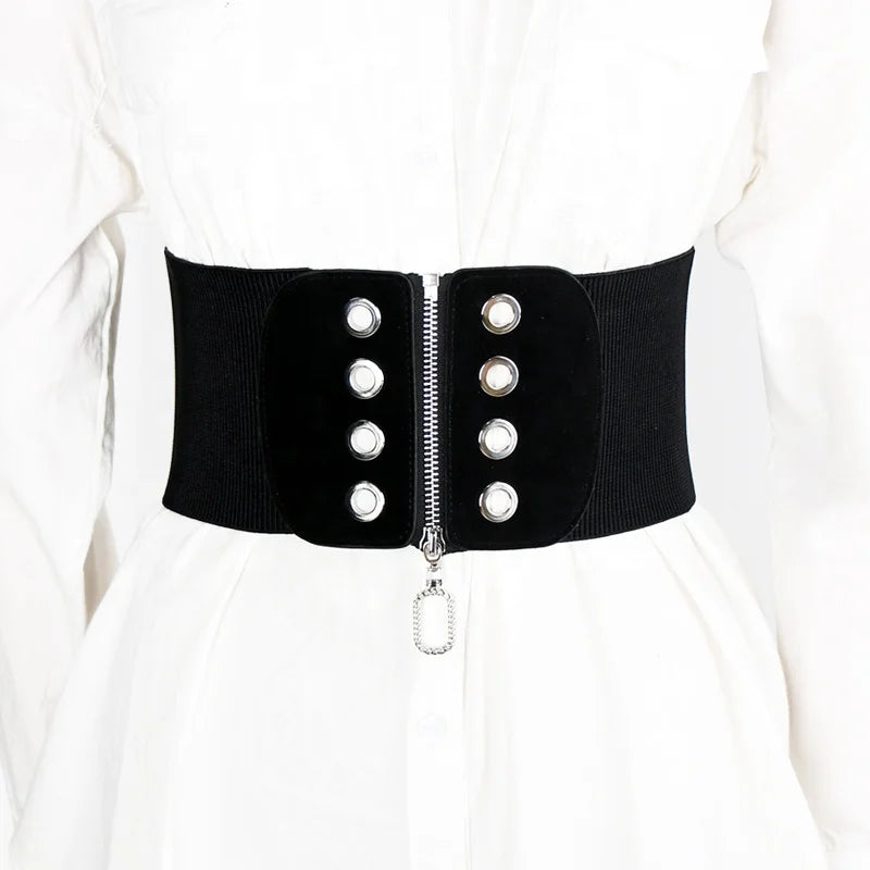Korean Fashion Ladies Wide Waist Belt Accessory Elastic Metal Zipper with Alloy Buckle Seal Design