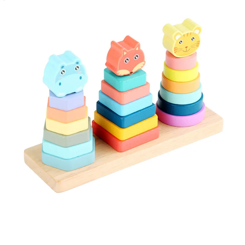2026 New Children Wooden Cartoon Animals Geometric Shape Column Hanoi Tower Montessori Educational Stacking Toys for Kids