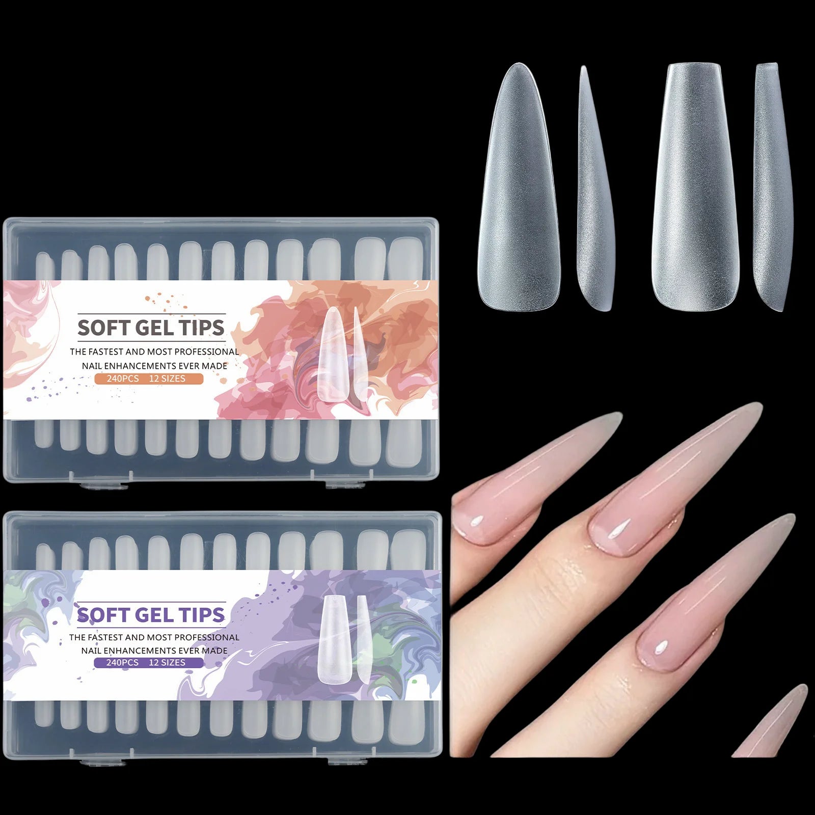 240PCS Lengthened Trapezoid and Stiletto Long Matt Nail Tips Painless Crease and Traceless Phototherapy French False Nail Tips