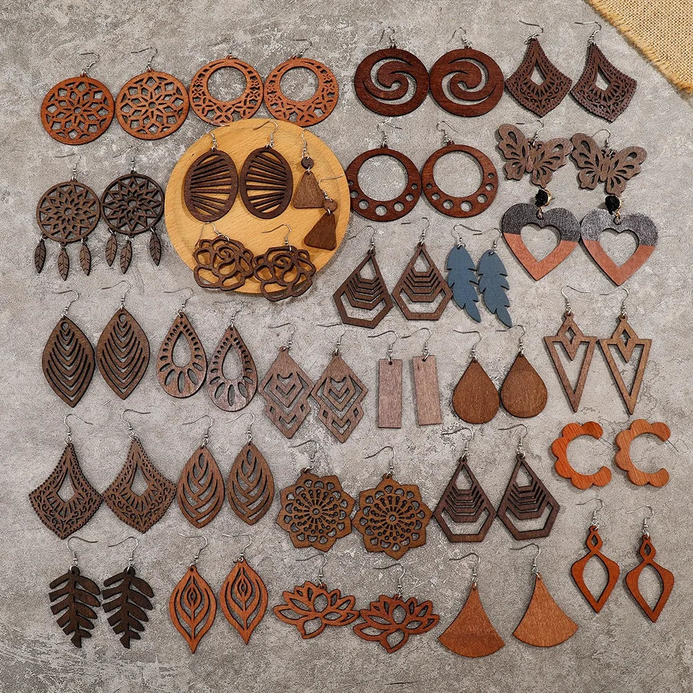 Hot Sale Trend Boho African Wood Earrings Bohemian Pendant Dangle Geometric Lightweight Ethnic Style Wooden Earrings for Women