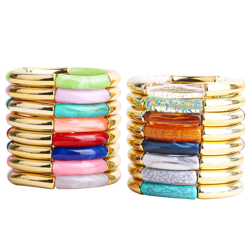 Temperament Partysu Round Big Stretch Bracelets Multicolor Long Tube Beads Bamboo Acrylic Elasticity Bracelets Bangles