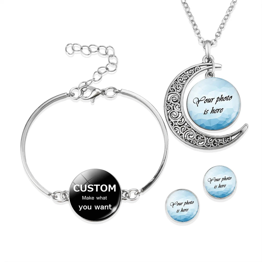 Fashion Sliver Moon Round Glass Dome NecklaceBracelet Jewelry Set Custom Jewelry for Promotion DIY Jewelry Accessories