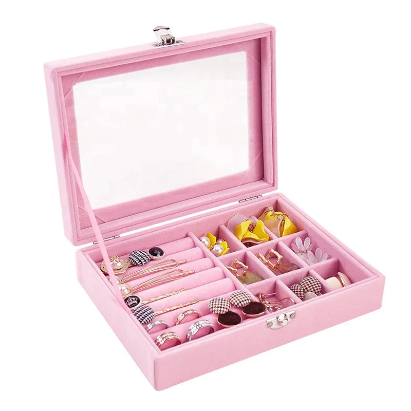 Ice Velvet Rings Necklace Earrings Storage Box Solid Color Small Jewelry Organizer Storage