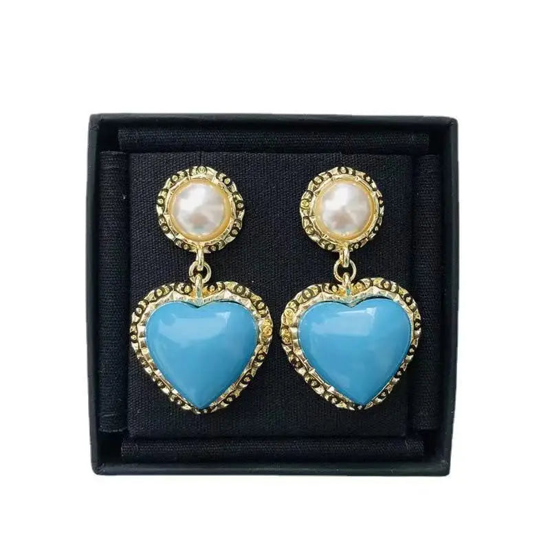 New Fashion Vintage Blue love Heart Shaped Drop Earrings Copper Gold Plated Hoop Heart Drop Earrings for Women