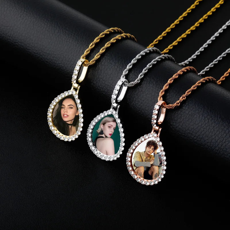 New One Custom Made Drop-Shaped Medal Charm Photo Roundness Geometric Zircon Brass Gold Plated Unisex Hip Hop Pendant