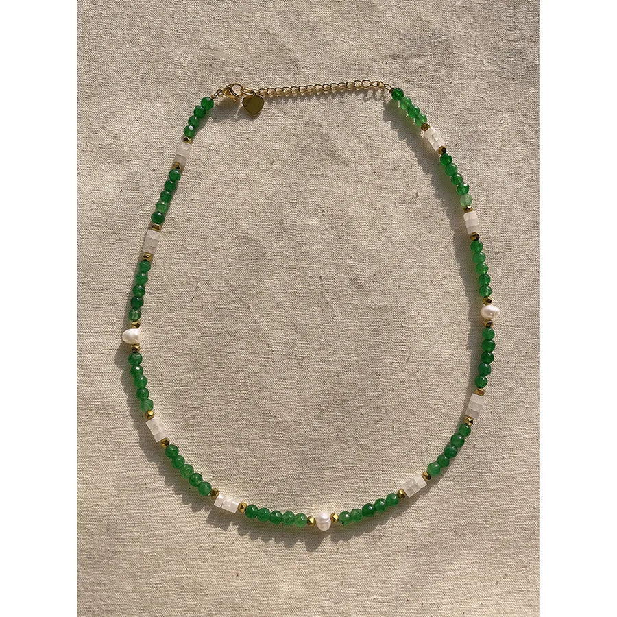 Handcraft Beaded Necklace Jewelry Freshwater Pearl Charm Green Gemstone Beaded Choker Necklace