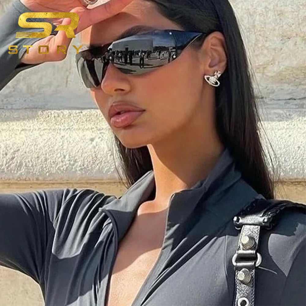 STORY W189 Y2K One Piece Lens Rimless Sunglasses Women Men Trendy Shield Oversized Mirrored Silver Siamese Frameless Sun Glasses