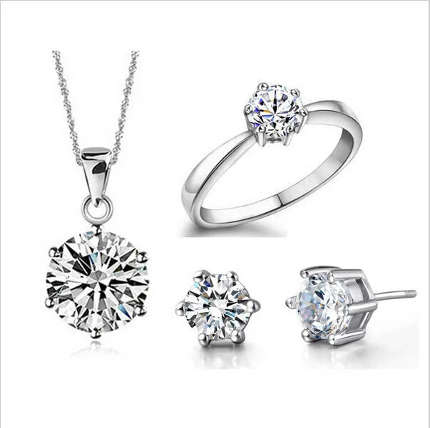 Fashion Six Claw Shaped Diamond Silver Plated Necklace Earrings Ring Women Bridal Wedding Engagement Jewelry Sets