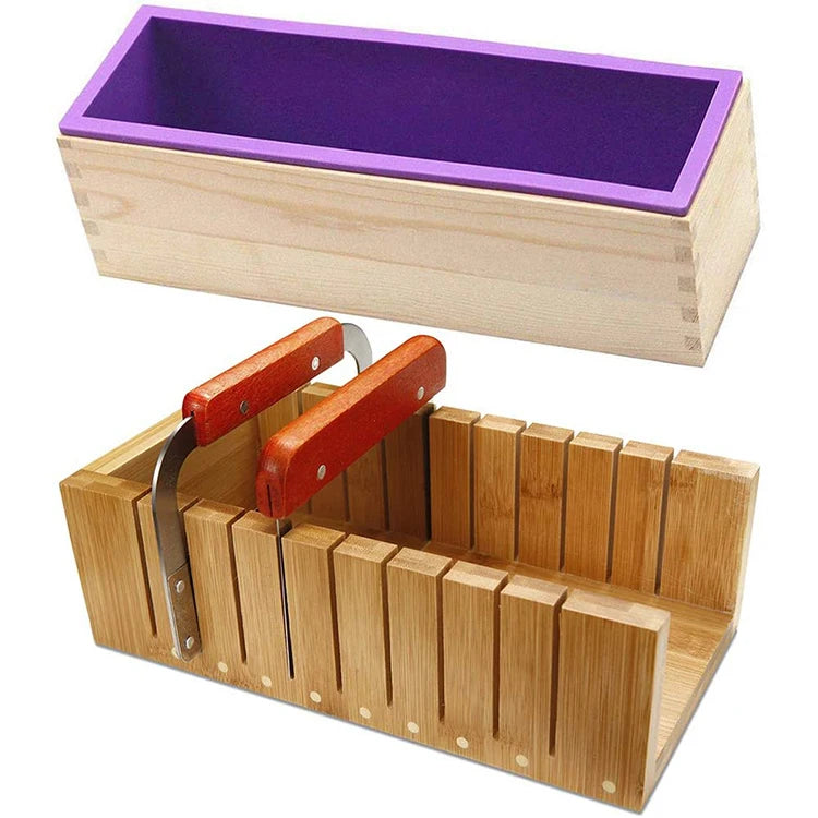 Early Riser Soap Making Cutting Mold Kit with Silicone Mold+Wood Box+Wooden Cutter Mold+Straight Wavy Stainless Steel Cutter