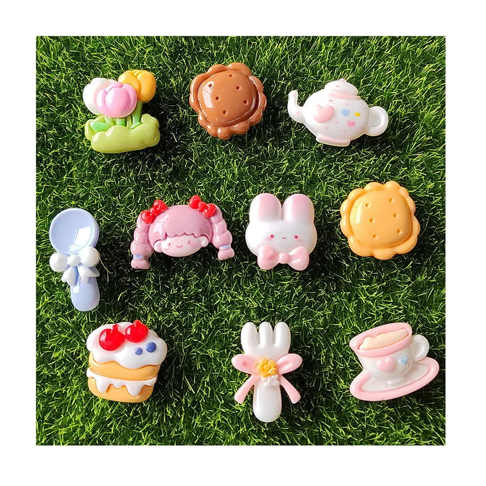 Resin Charms Mini Tableware Rabbit Cup Teapot Spoon Fork Tea Cup Animal Head Flower Girls Kids Toys Flat Back Cabochon