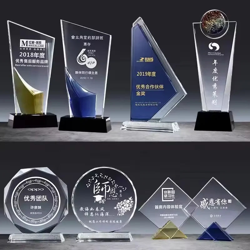 Custom Business Gift Solid Momentoes Metal Crystal Glass Acrylic Award Trophy Blank with Wooden Base Crystal Trophy