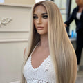 Super Double Drawn Russian Virgin Hair Blonde Highlight Lace Frontal Wig Natural Straight Jewish Kosher Wigs Bleach Knots
