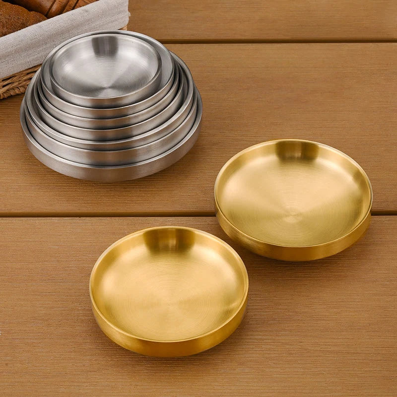 Korean Double Layer Hot Pot Bbq Restaurant Stainless Steel Small Side Dish Gold and Silver Custom Logo Sauce Dipping Bowl
