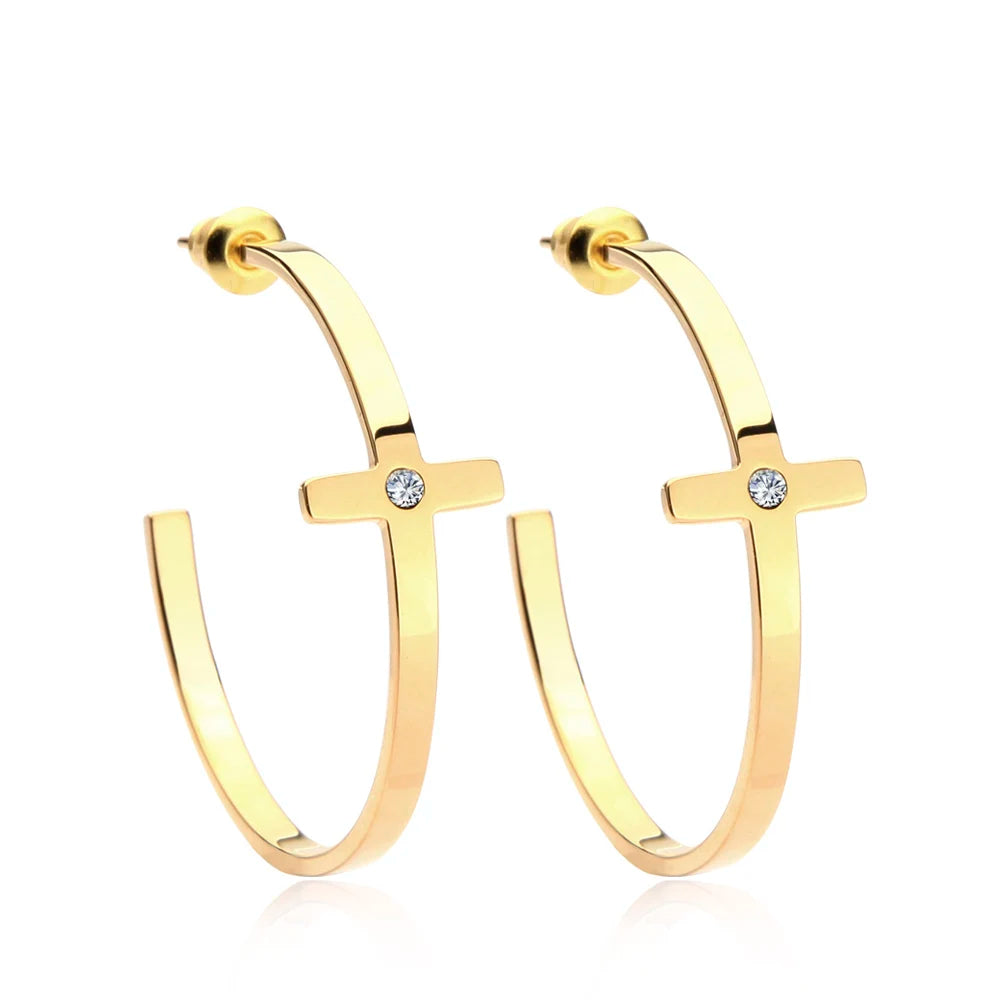 Cross-Shining Big Round Hoop Wedding Earring Set Trendy Crystal Stainless Steel Stud Brincos Grandes With Pearls Diamonds Gifts
