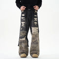 America Street Style Men Vintage Heavy Distress Wash Black Jeans Splicing Camouflage Fitting Baggy Jeans Men Y2K Designer Jeans